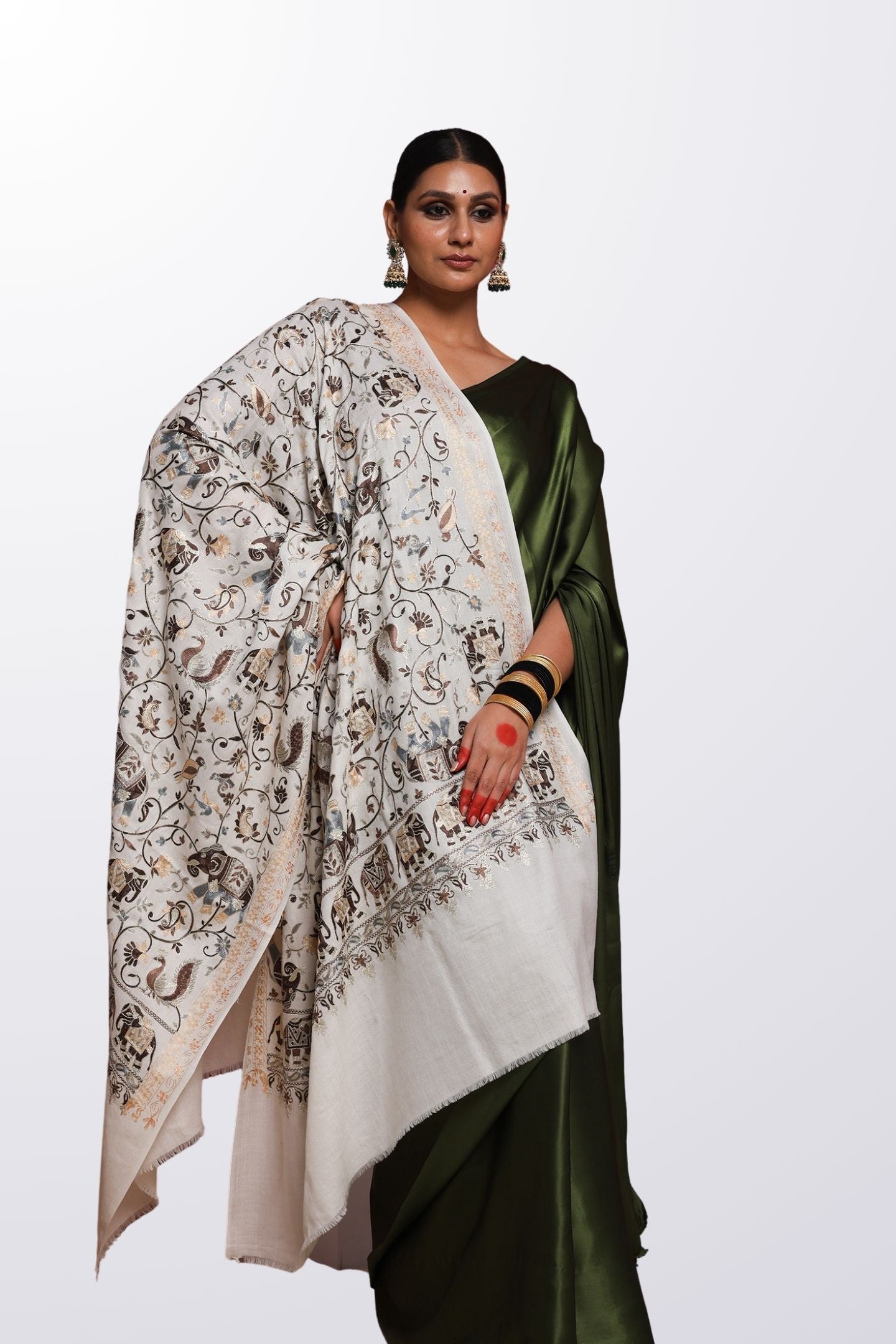 Nalki Fine Wool White Shawl  - Elephant and Peacock Motifs