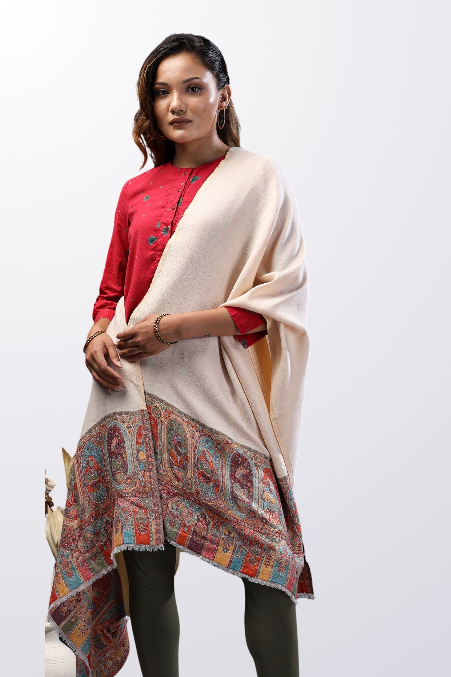 White Mughal Zari Wool Stole