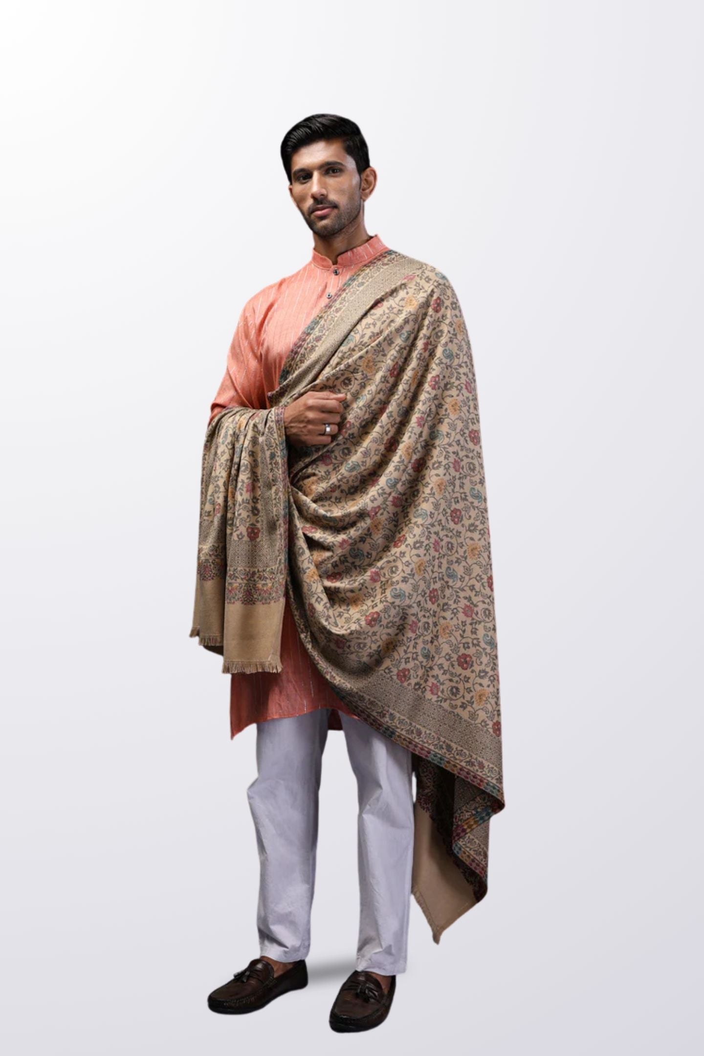 Men Shawl With Woven Multicolor Floral Motifs