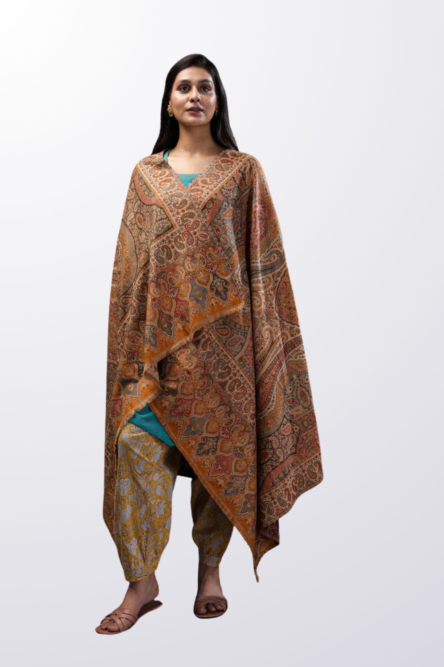 Mughal Floral Motifs Shawl - Warm Yellow