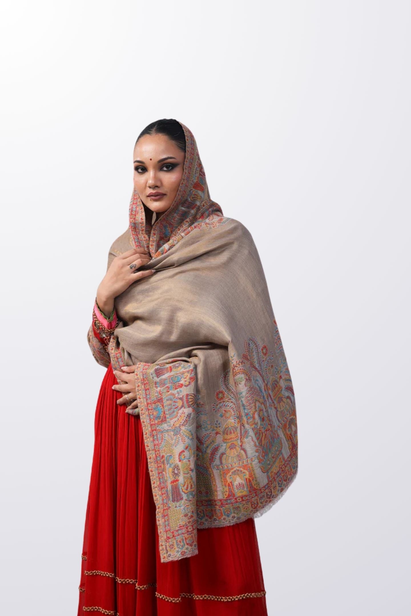 Multicolor Temple Border Pashmina Shawl - Beige