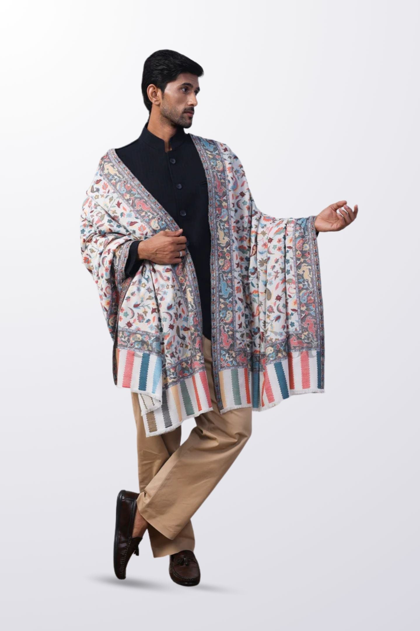 Men's White Kashmiri Jaal Paisley Shawl