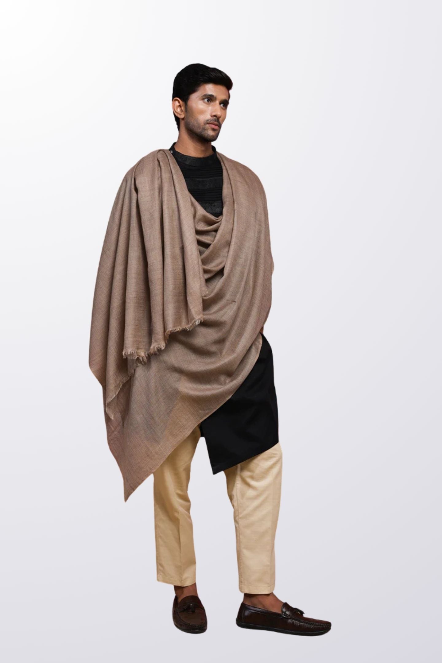 Men Wool Shawl - Beige & Multicolor Stripes