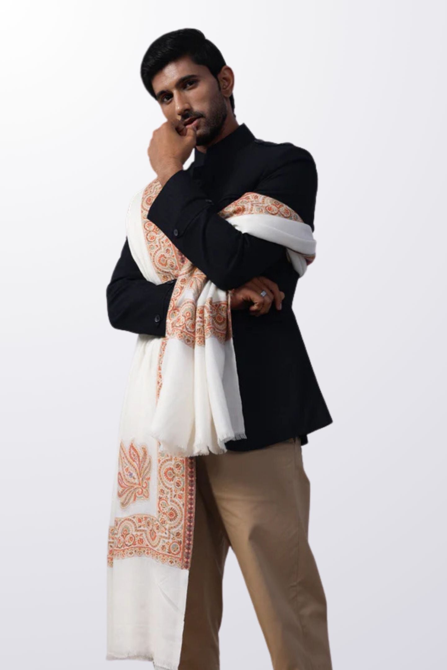 Kashmiri Paseley White Border Wool Men Shawl