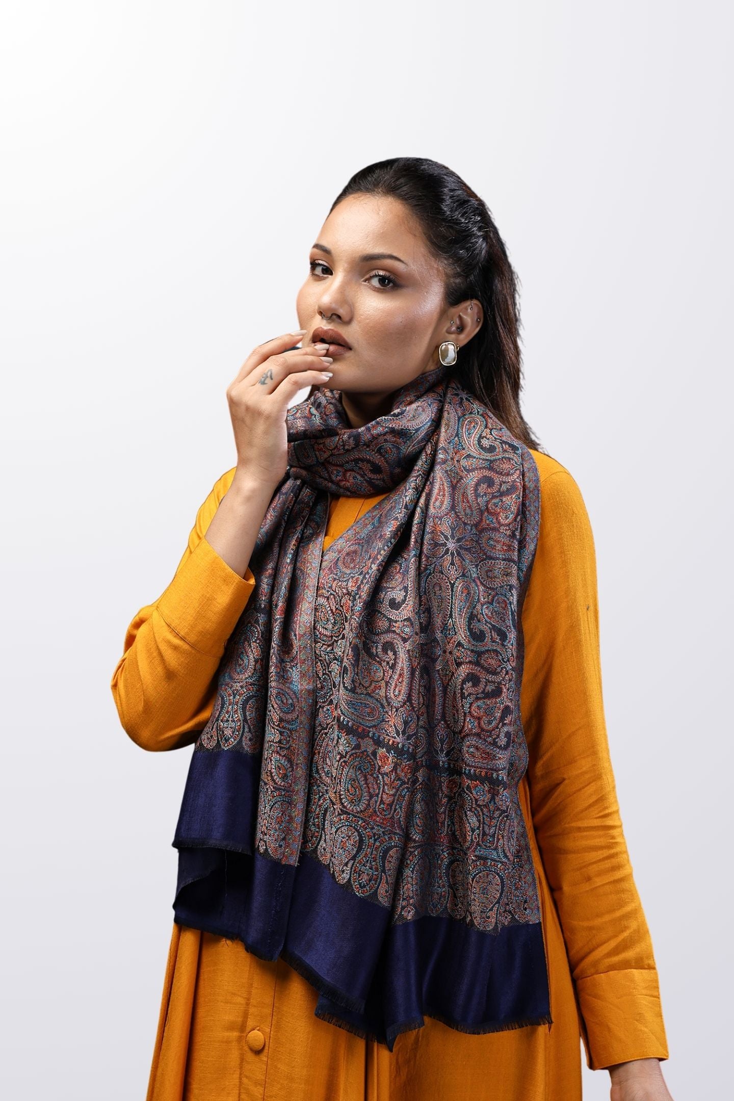 Jamavaar Bamboo Silk Stole - Rich Navy