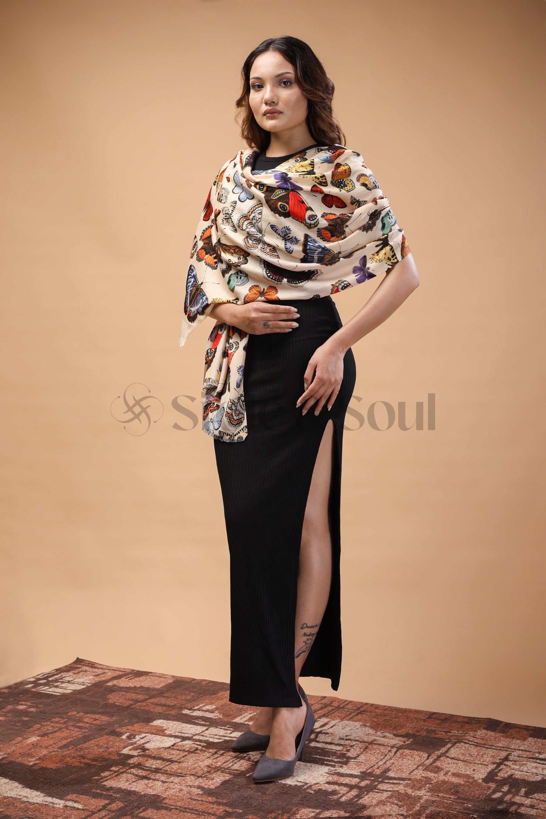 Butterfly printed bamboo silk stole