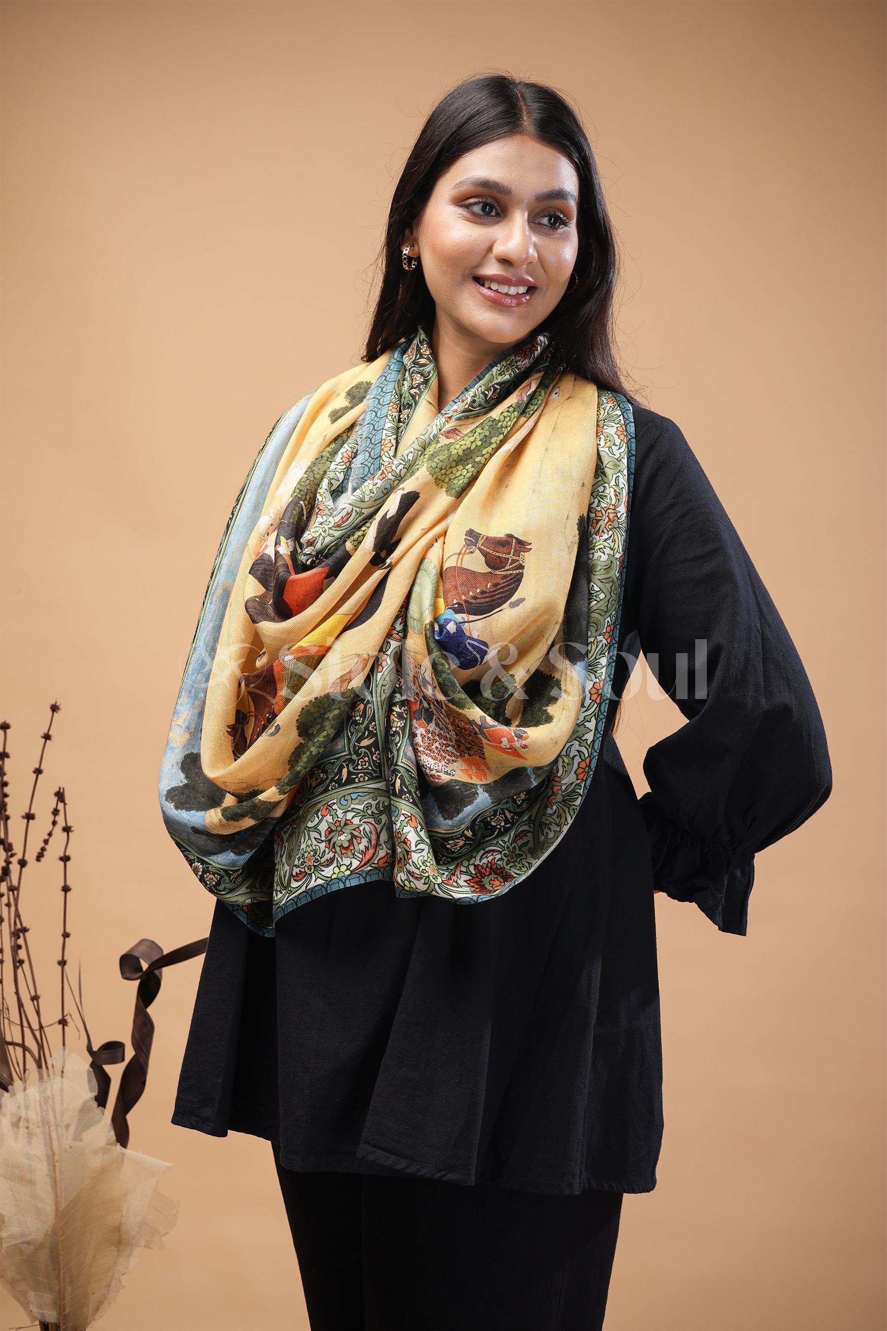 Royal hunt printed bamboo silk stole