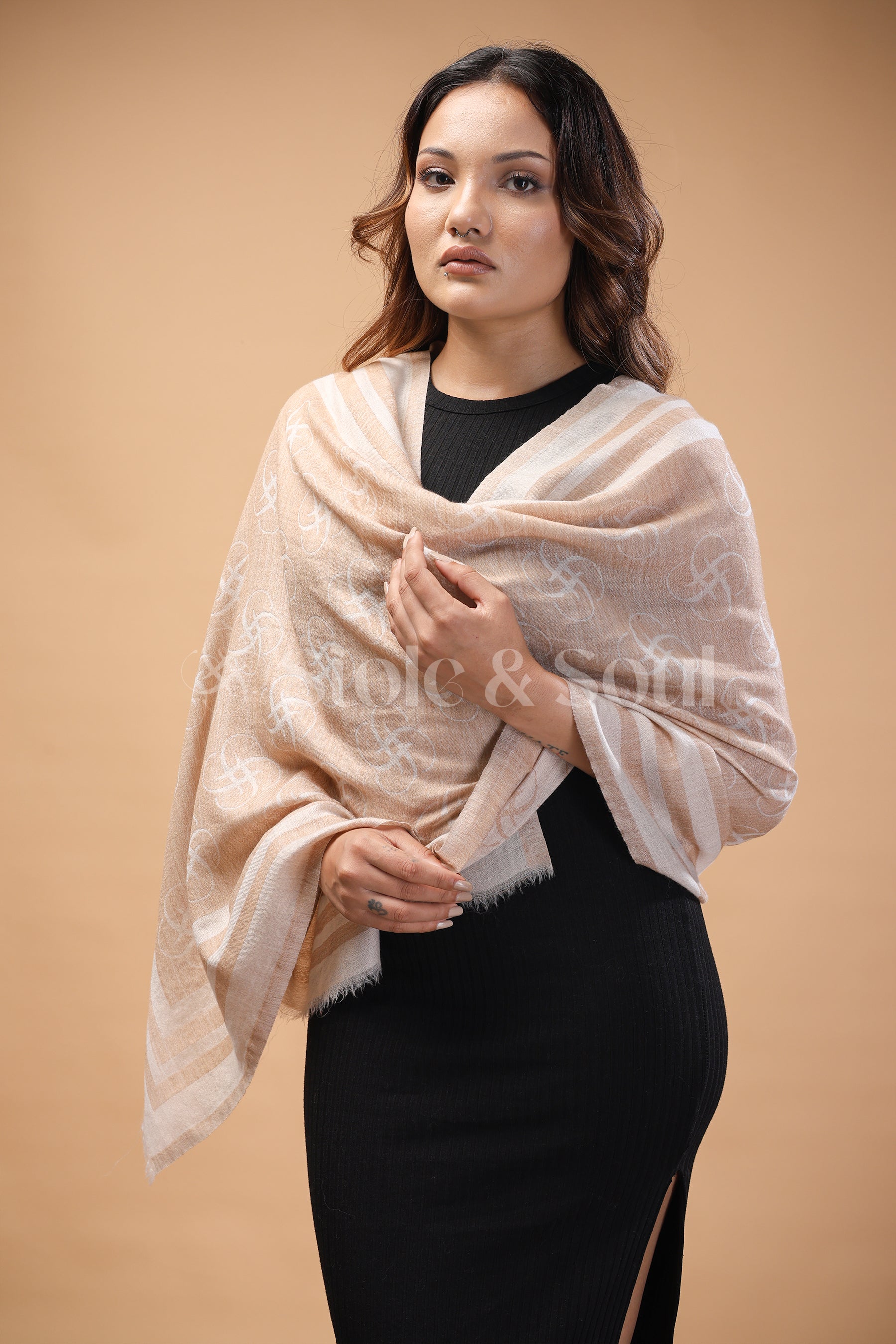 Logo inspired premium fine wool stole- beige and cream