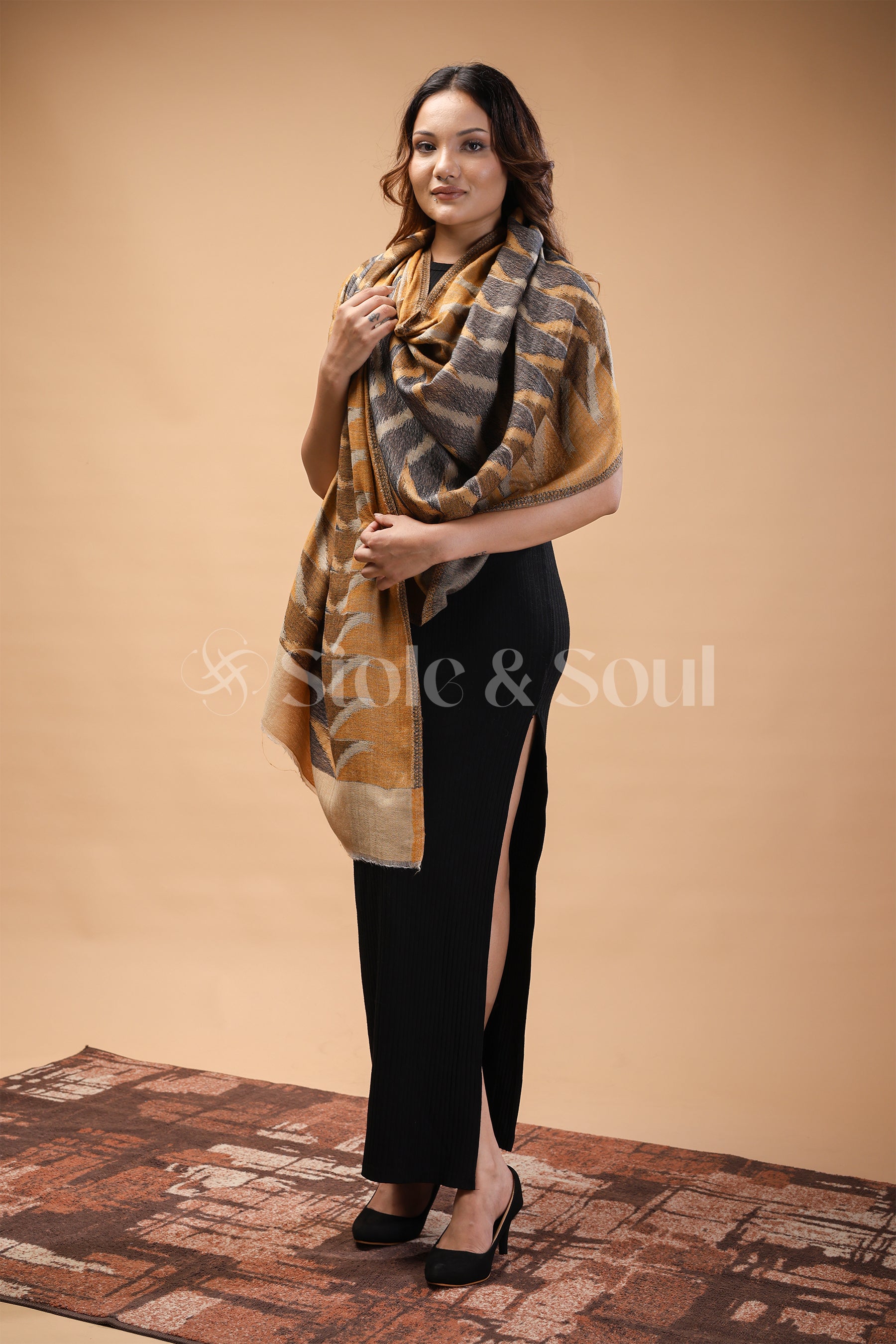 Mustard Grey Pashmina - Chevron pattern Stole