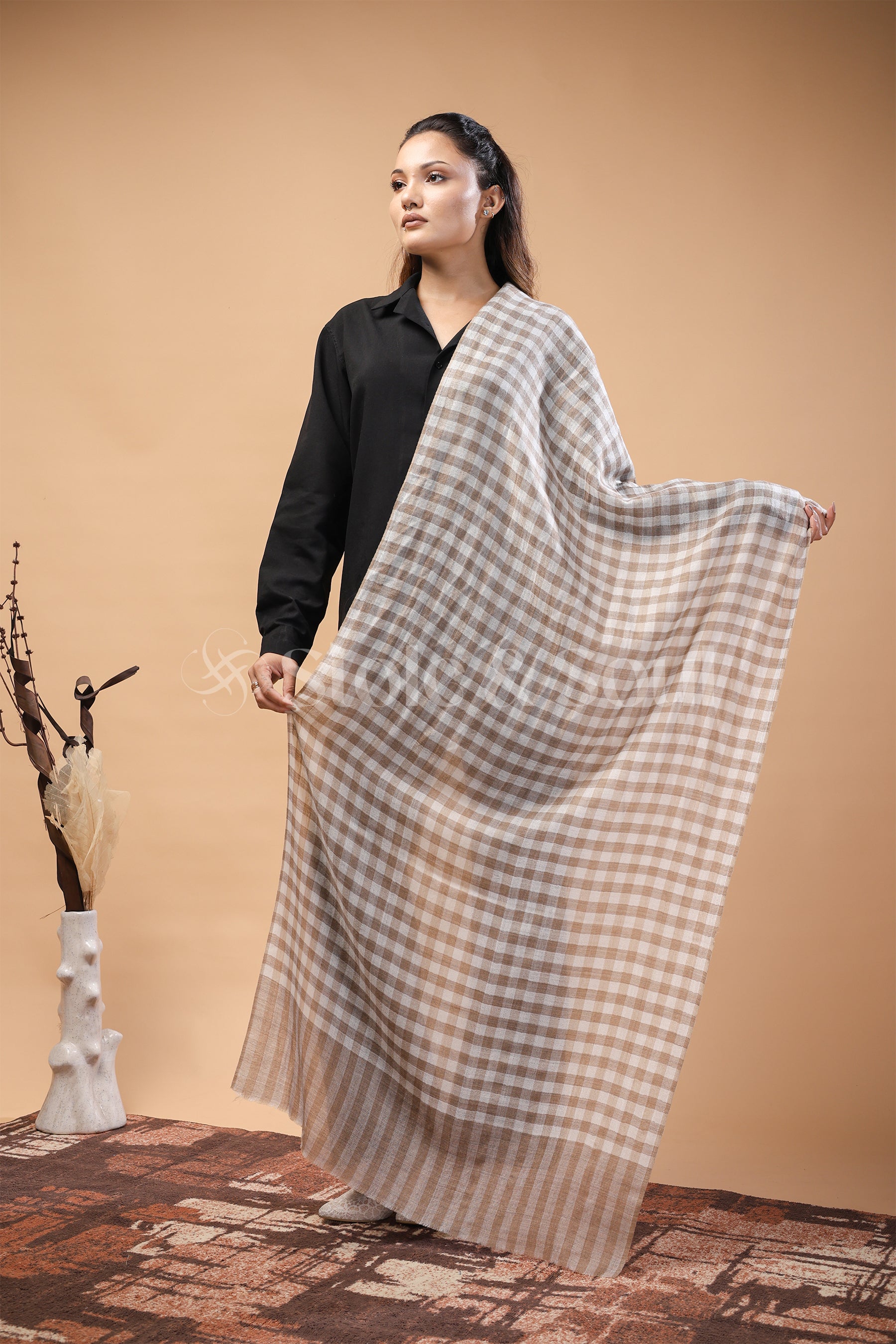 Super Soft Brown and White Stripe Check stole , Premium Fine Wool