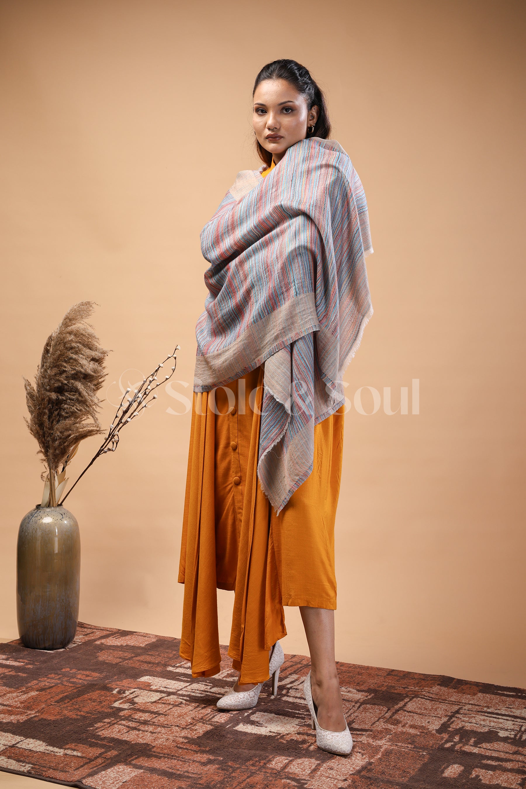 A soft Beige stole featuring multicolored waves ,  Premium Fine Wool