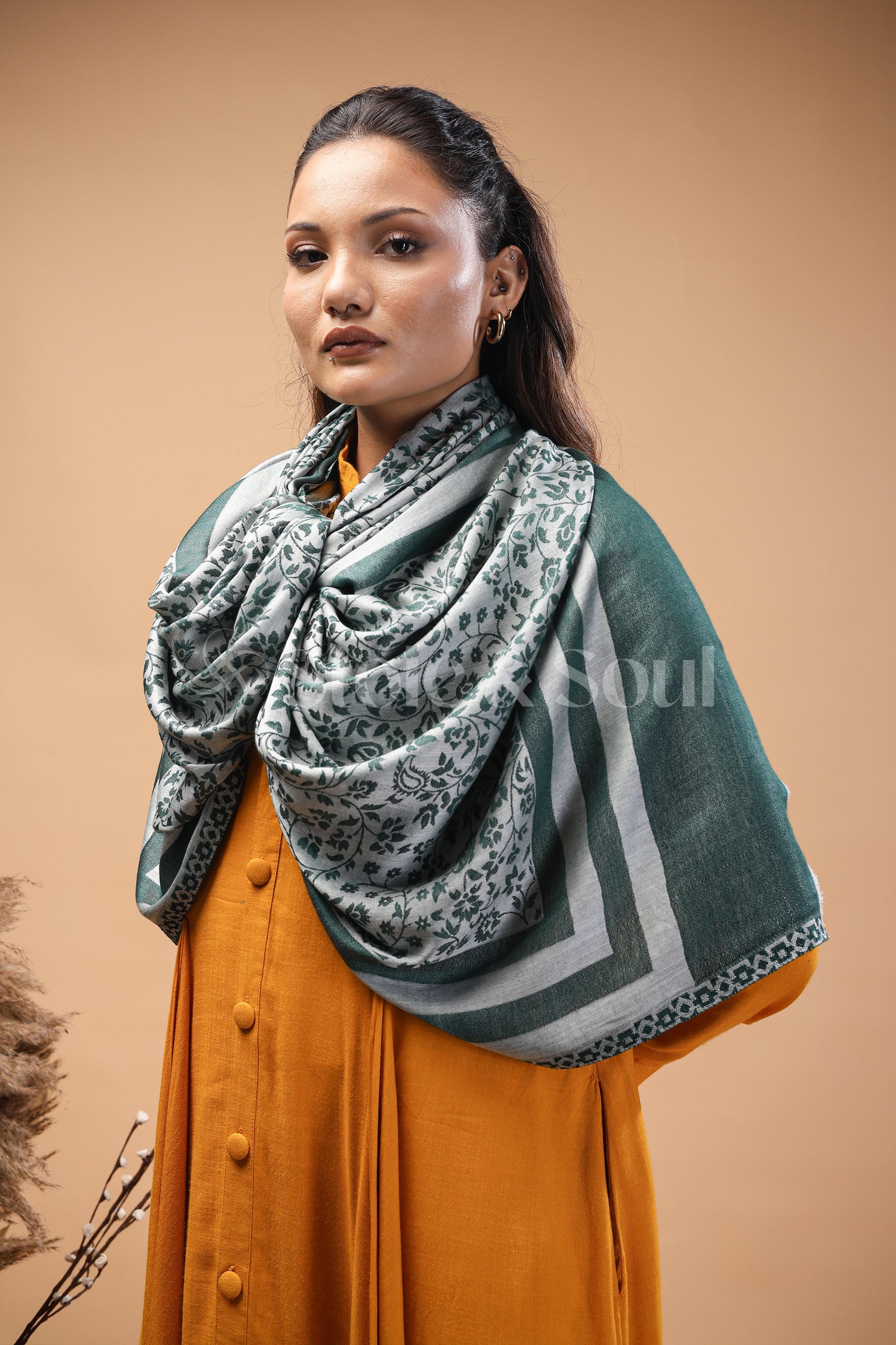 Green Blossom Reversible bamboo silk stole