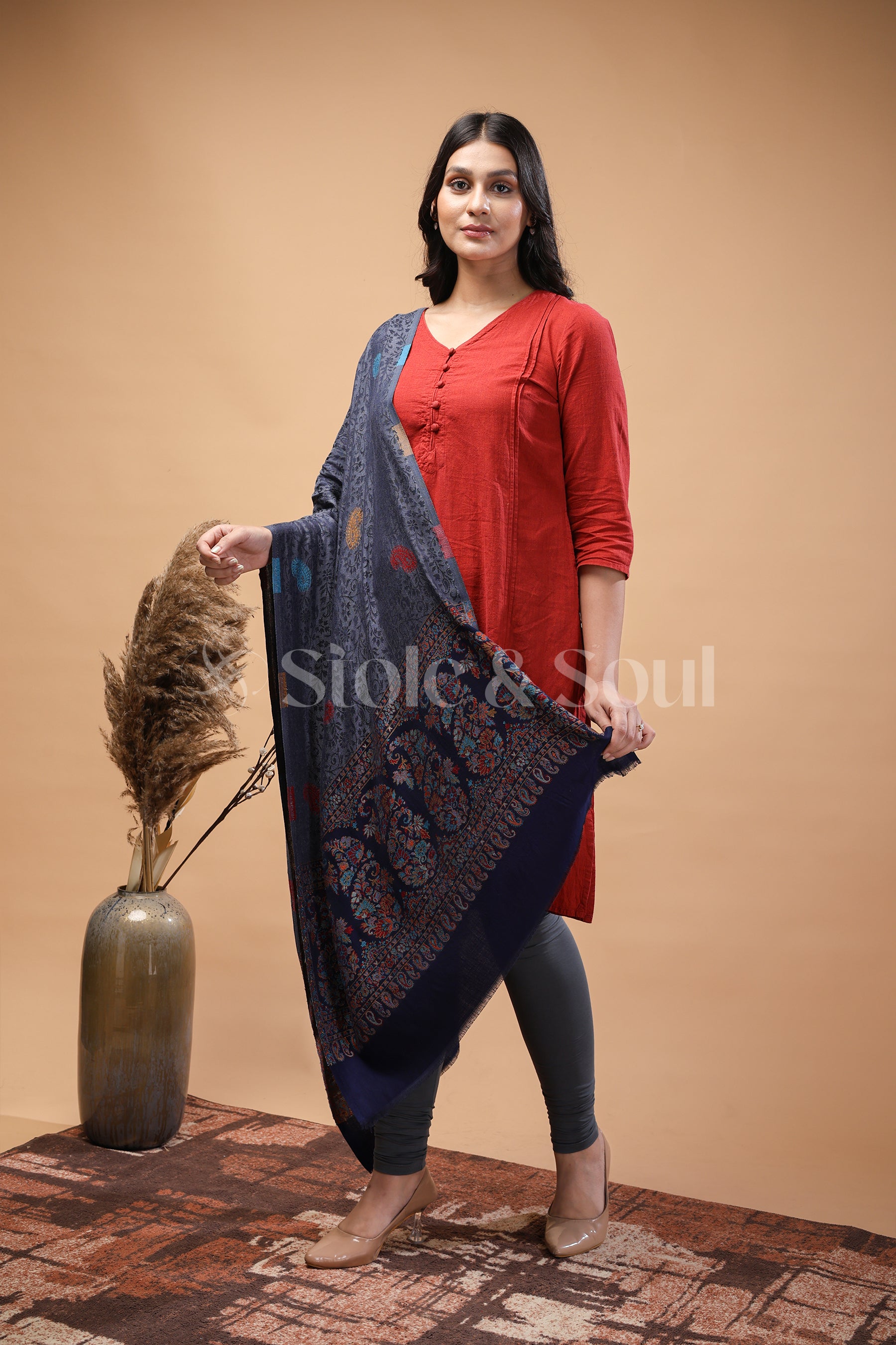 Greyish Blue with Black Border , Paisley and Garden Blooming , Bamboo Silk