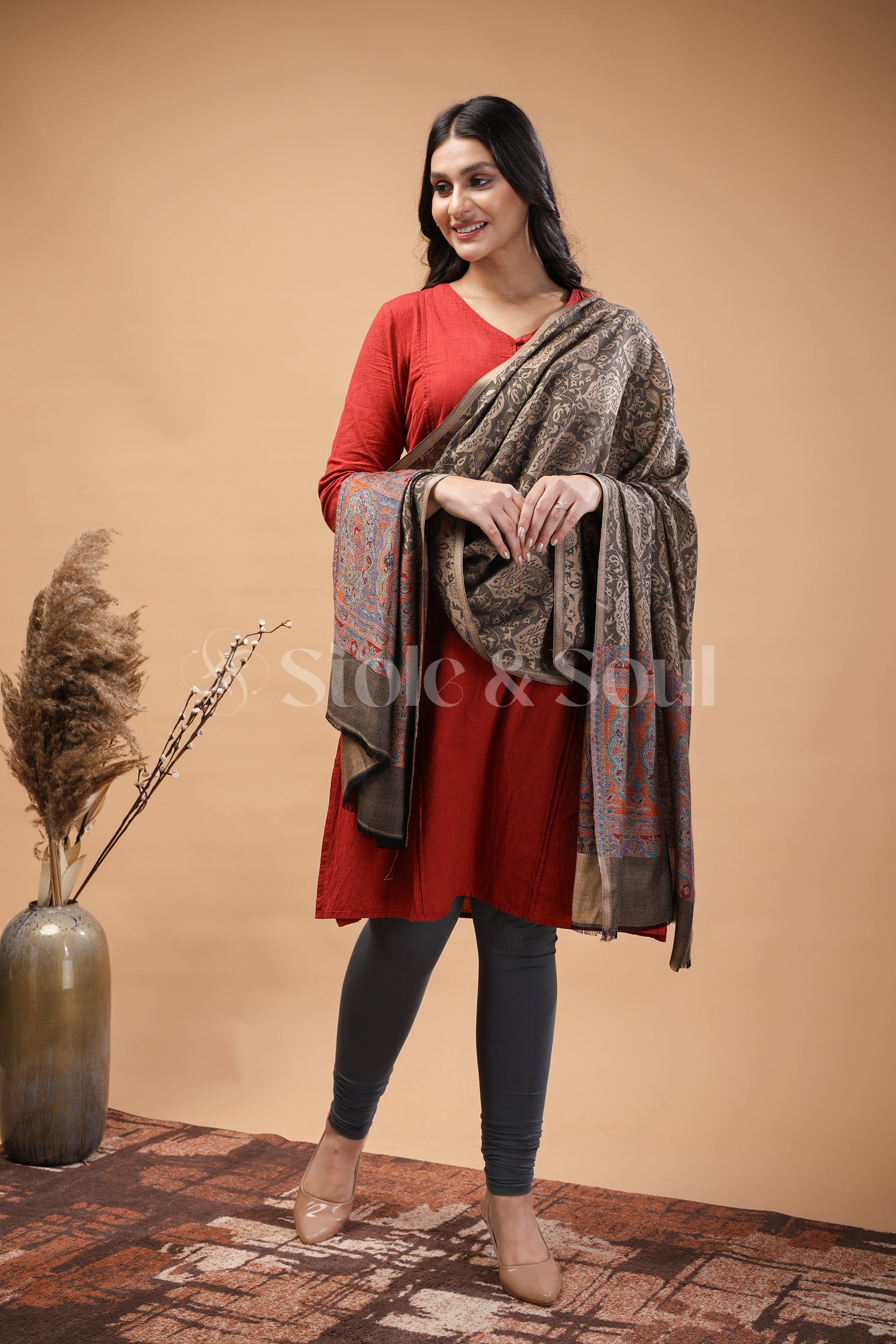 Elegent Beige Stole with intricate Paisley Motifs, Fine Bamboo Silk , Reversible