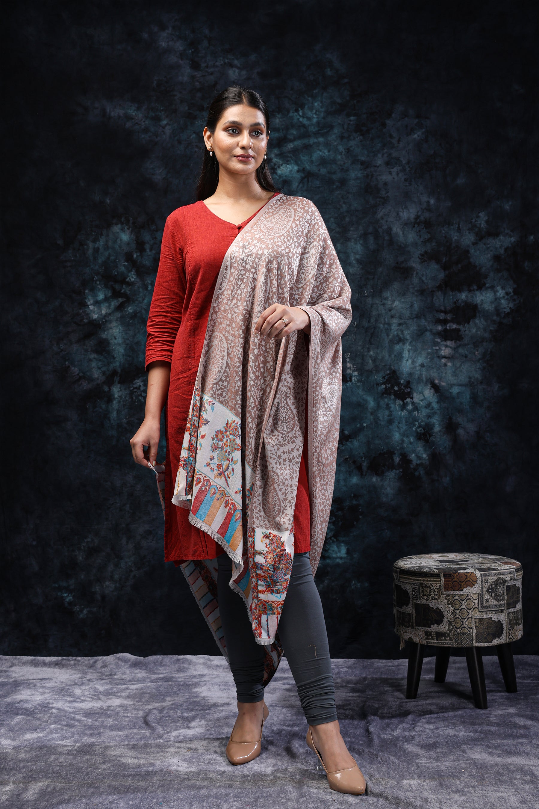 Graceful fine bamboo silk stole with paisley and floral border