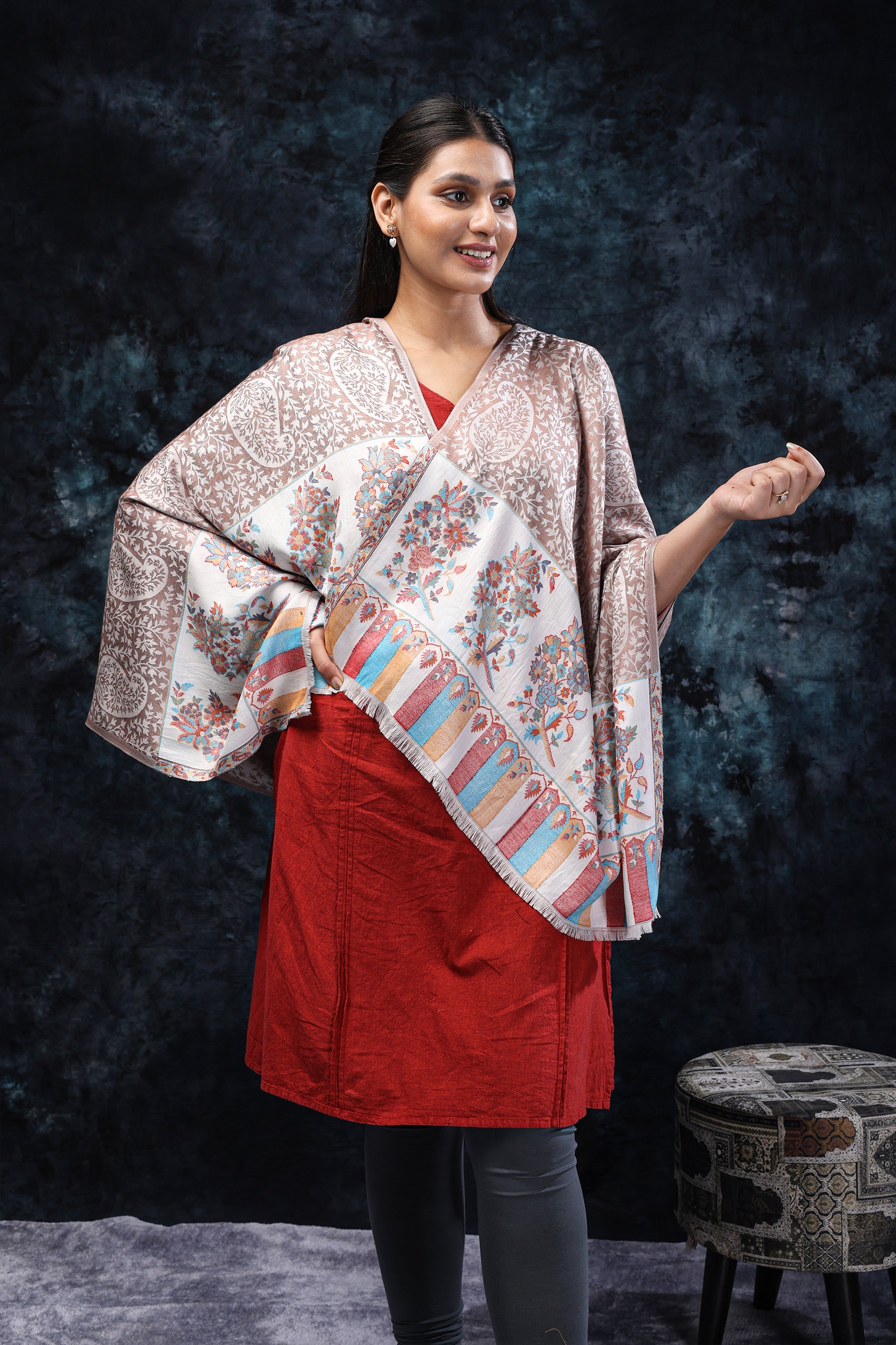 Graceful fine bamboo silk stole with paisley and floral border
