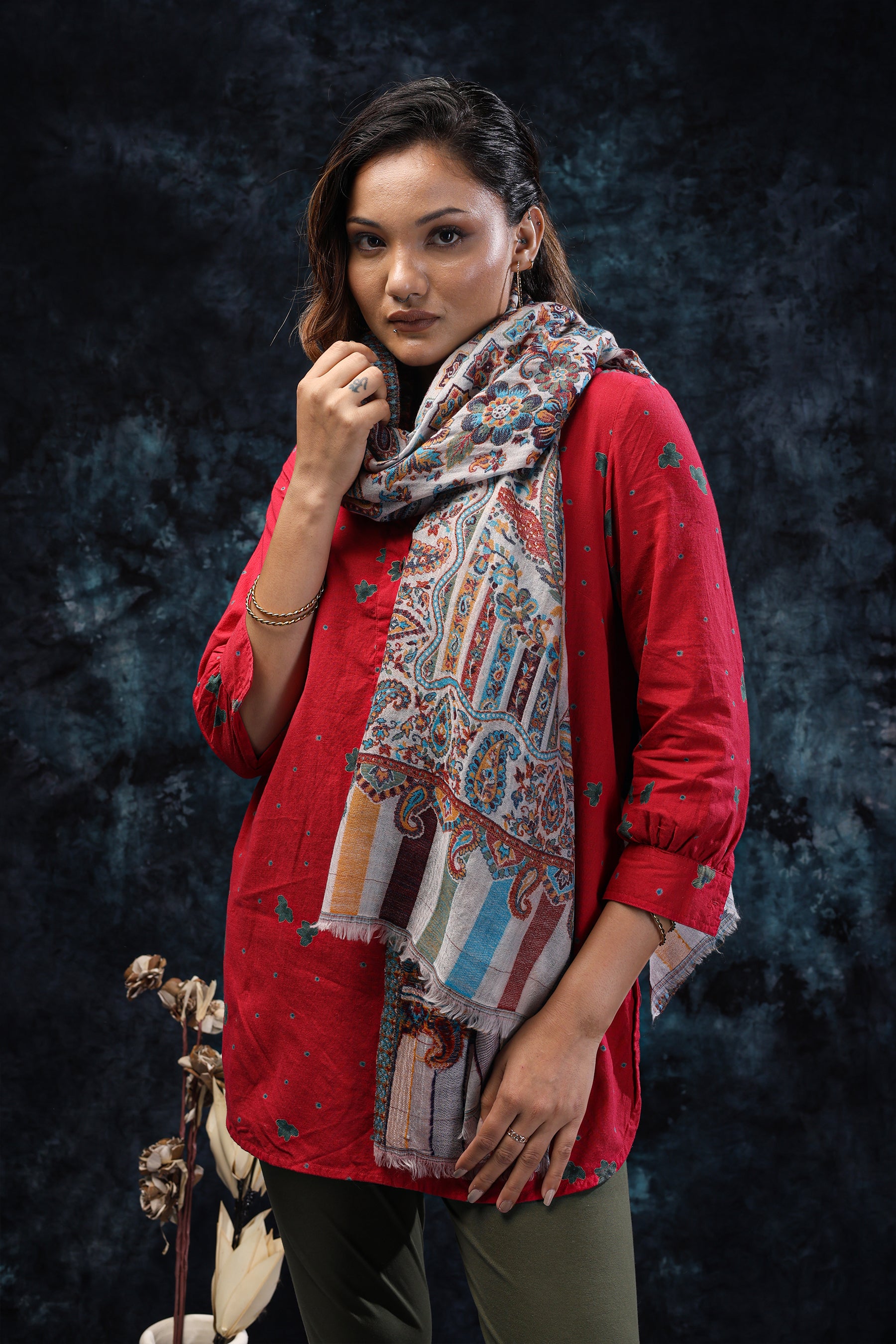 Kashmiri Paisley and floral motifs in vibrant jewel tones , Premium Fine Wool stole