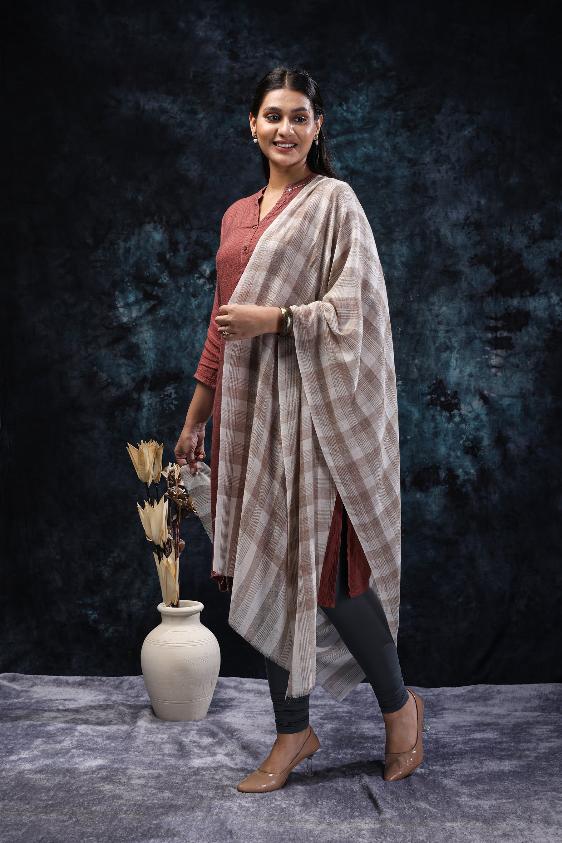 Classic Brown and White Check Stole , Premium Fine Wool