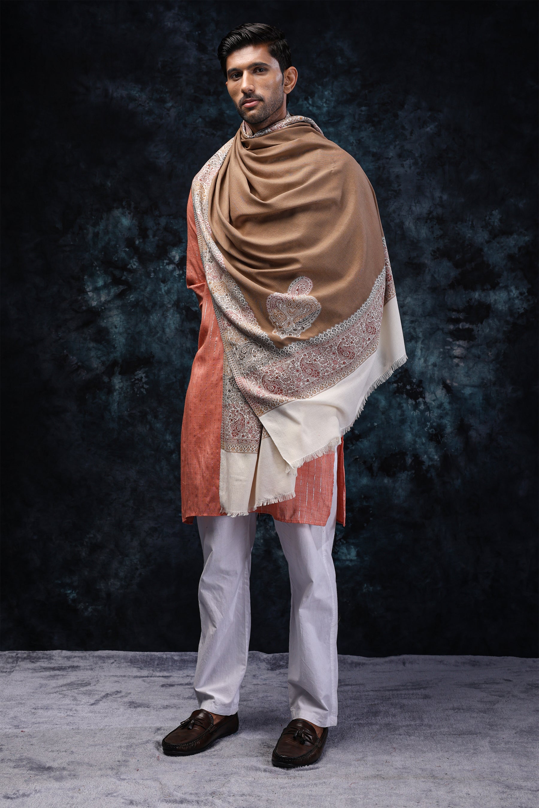 Cream And Brown Shawl with multicolor paisley borders