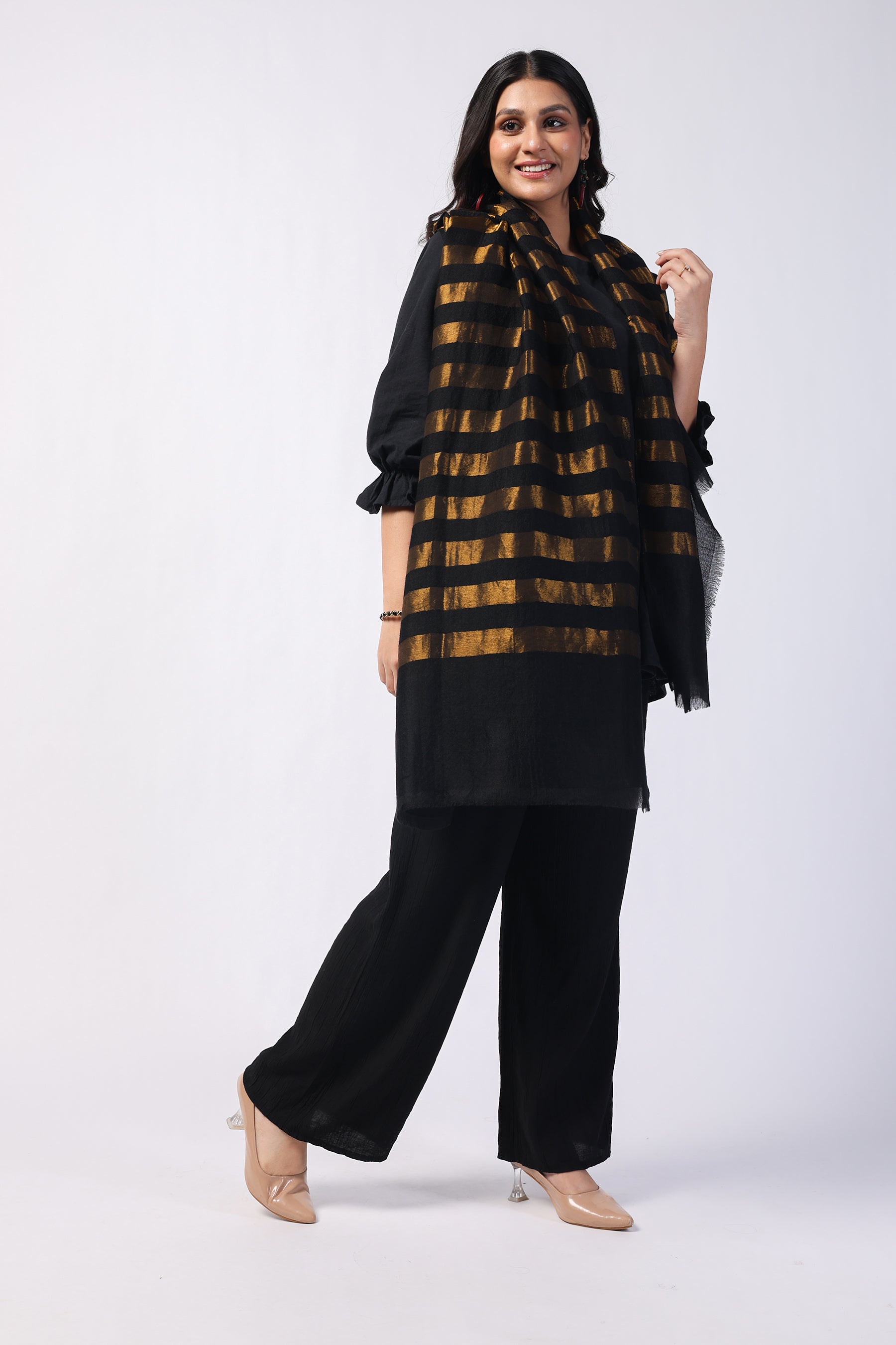 Moonlight -Black Zari Stripe fine wool stole