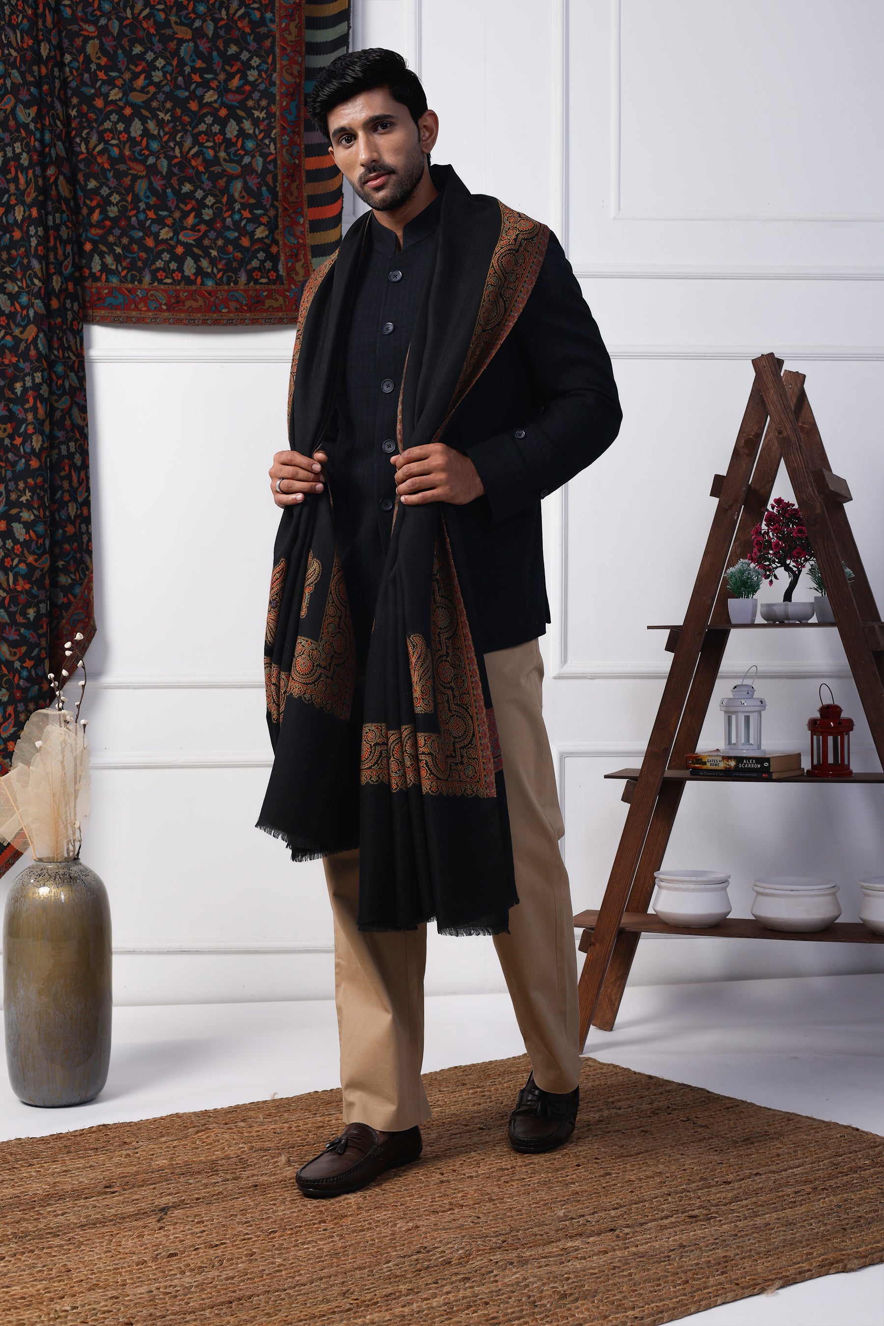 Kashmiri paseley Black border premium fine wool men shawl