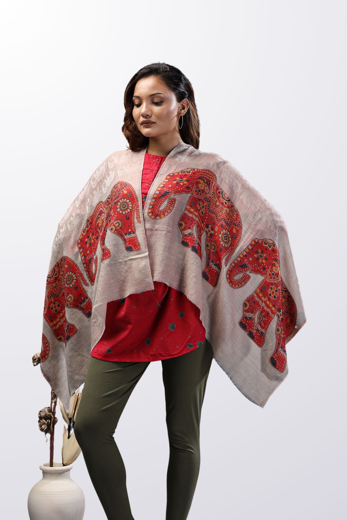 Royal Elephant Wool Stole With Red Motif