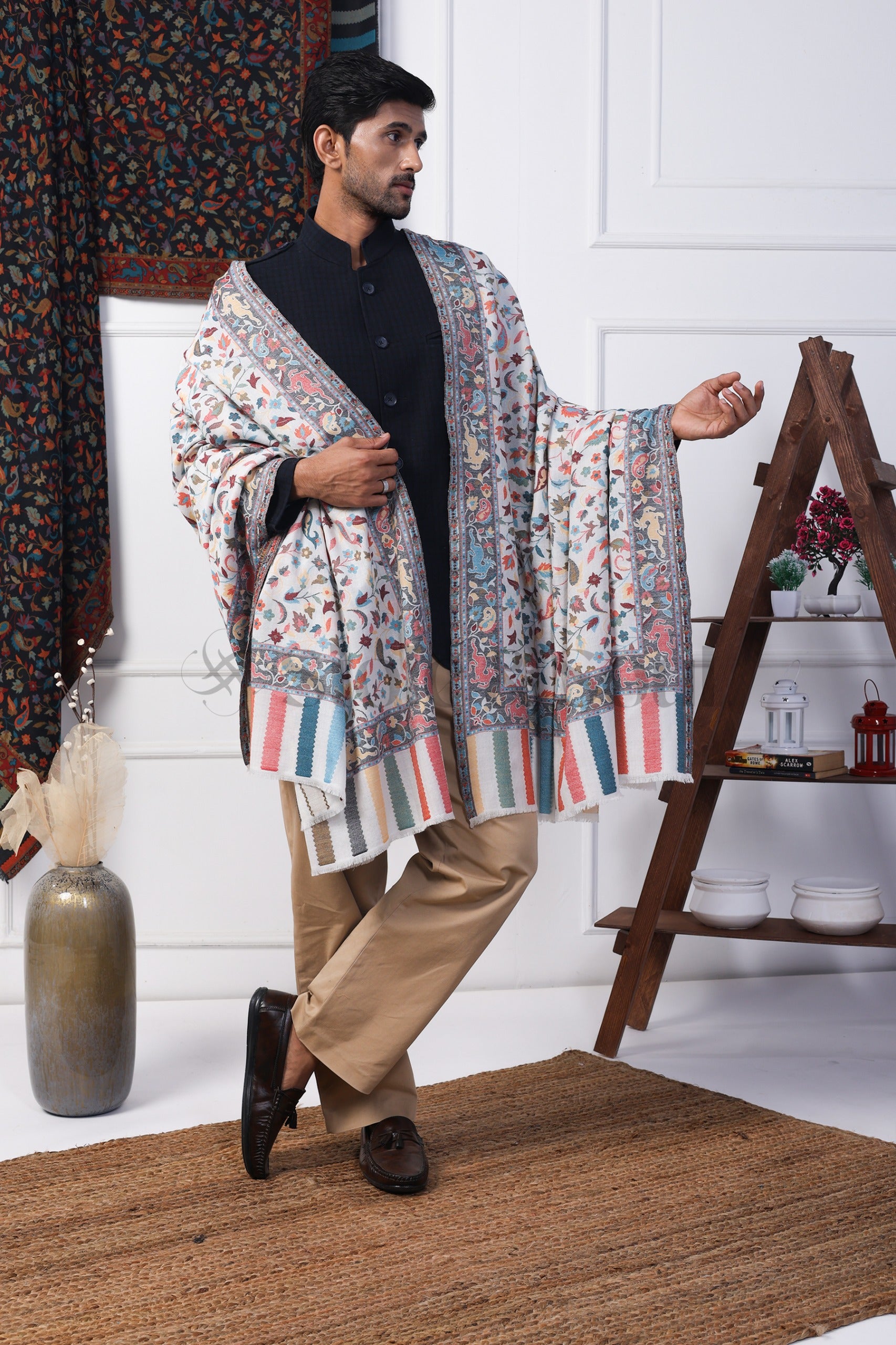 Men White Fine Wool Shawl with Multicolor Kashmiri Jaal Work and Paisley Border