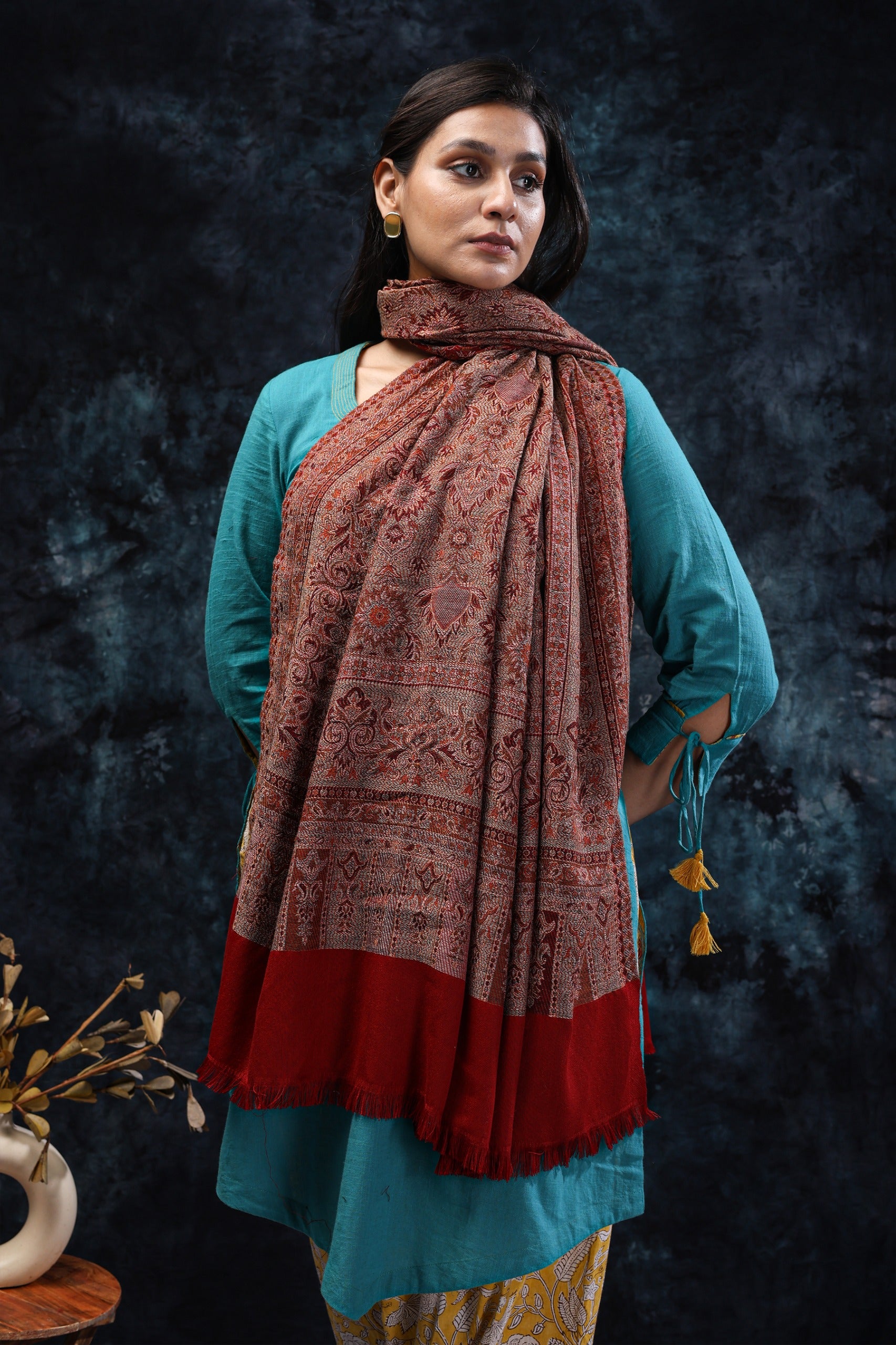 Deep Red Shawl with Gold and Beige Intricate & Traditional Woven Motifs